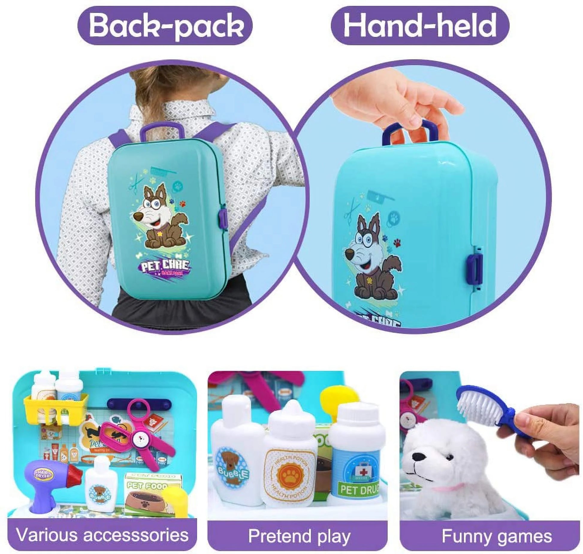 GLUAAE Toys for Kids Dog Grooming Doctor Kit Toys, Pet Care Play Set Pretend Puppy Dog Carrier, Pet Grooming Toy with Sturdy Gift Case for Toddler Boys and Girls