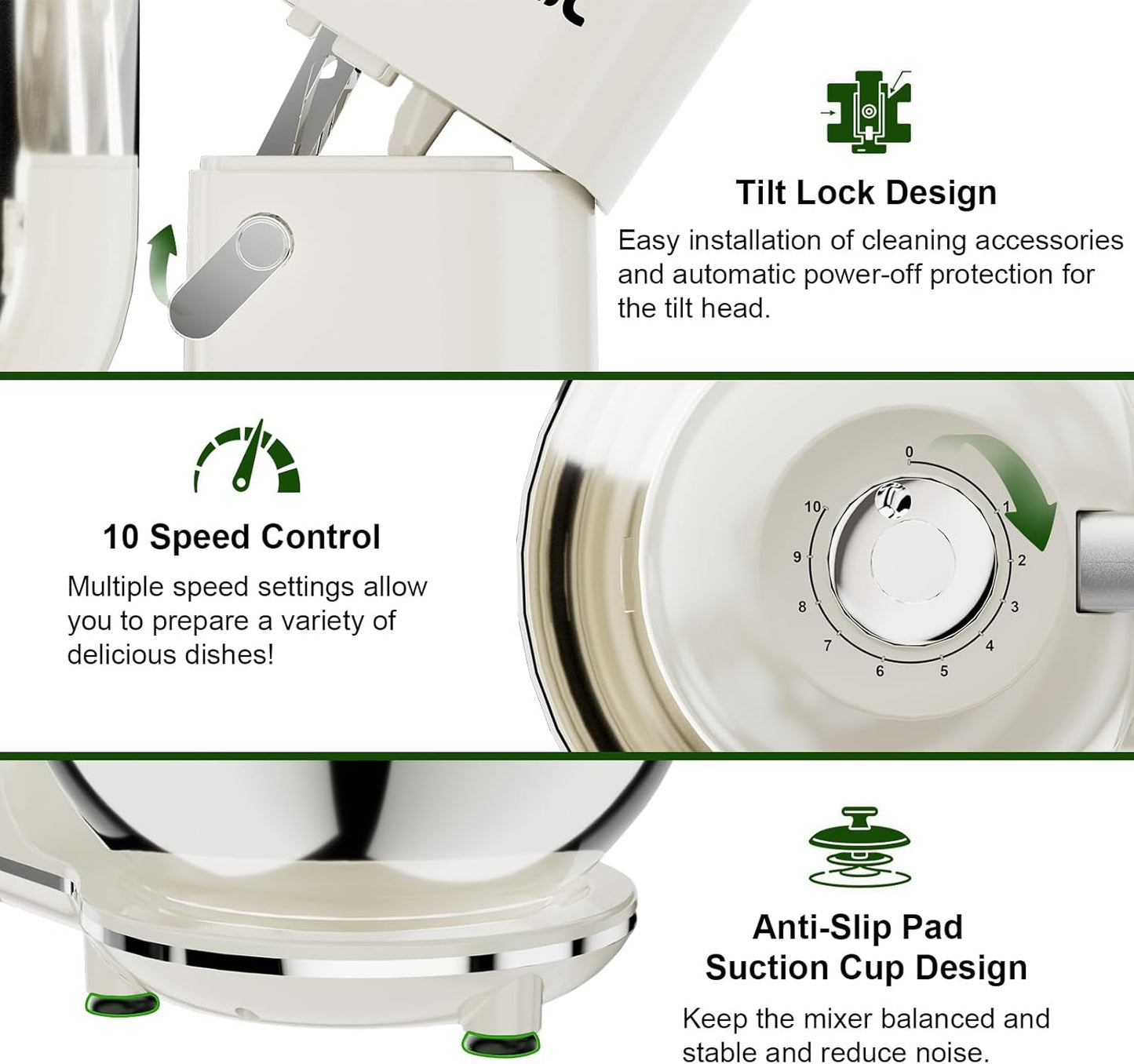 Camic Electric Stand Mixer,7.45 QT,10 Speeds with Dough Hook,Whisk, Flat Beater Attachments, Splash Guard, Easy-Carry Top Handle,3-In-1 Kitchen Mixer for Baking Cakes Cookie Bread Salad (White)