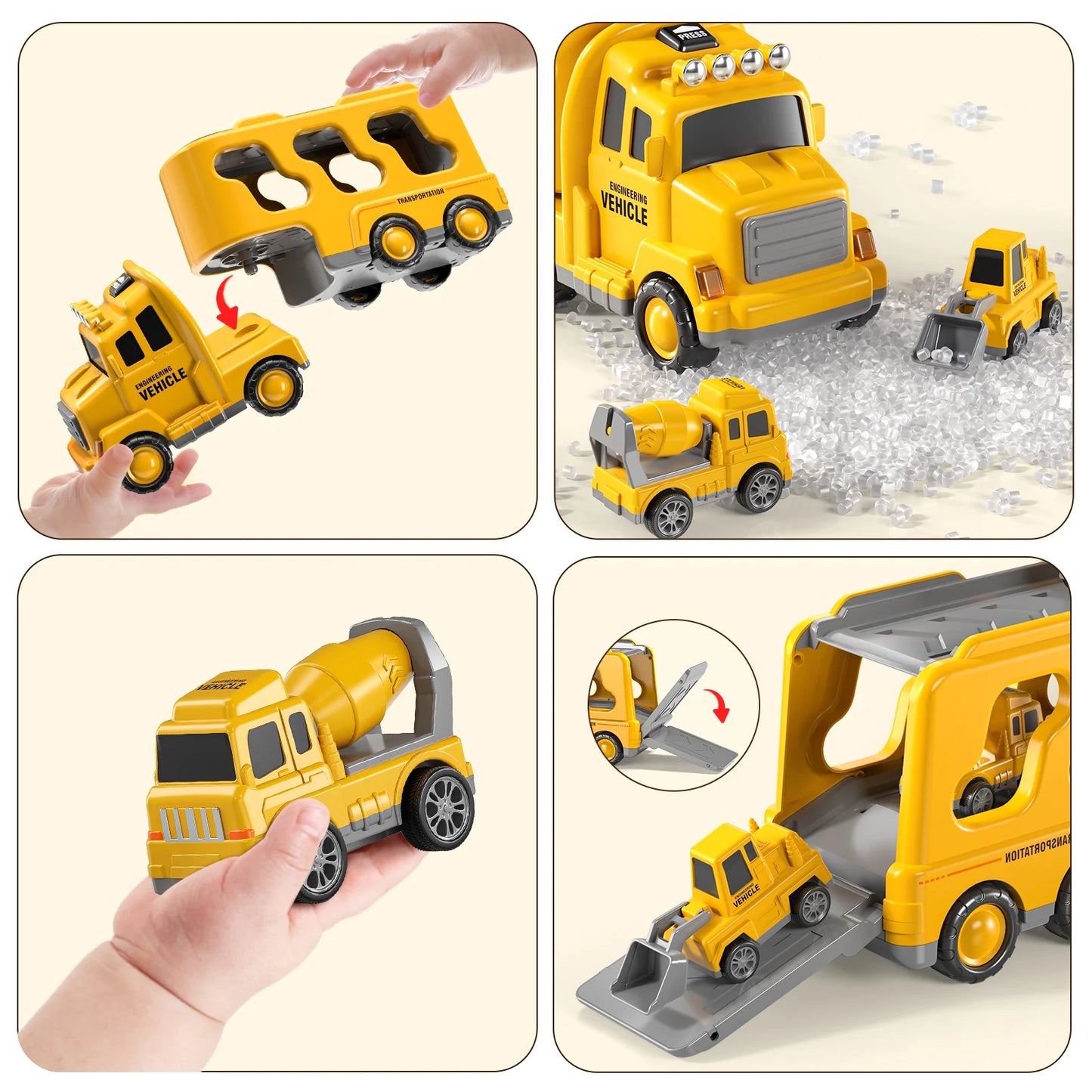 Construction Truck Toys for 3-7 Years Old Boys - Kids Friction Powered Car Toys for Toddler Ages 3-5, Carrier Play Vehicles Set with Sound and Light, Birthday Gifts for Toddlers