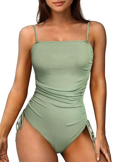 Eytino Swim Suit One Piece Swimsuit Drawstring Bathing Suit Ribbed Tummy Control Tie Side Swimming Suits Ruched Womens Swimwear Green XL