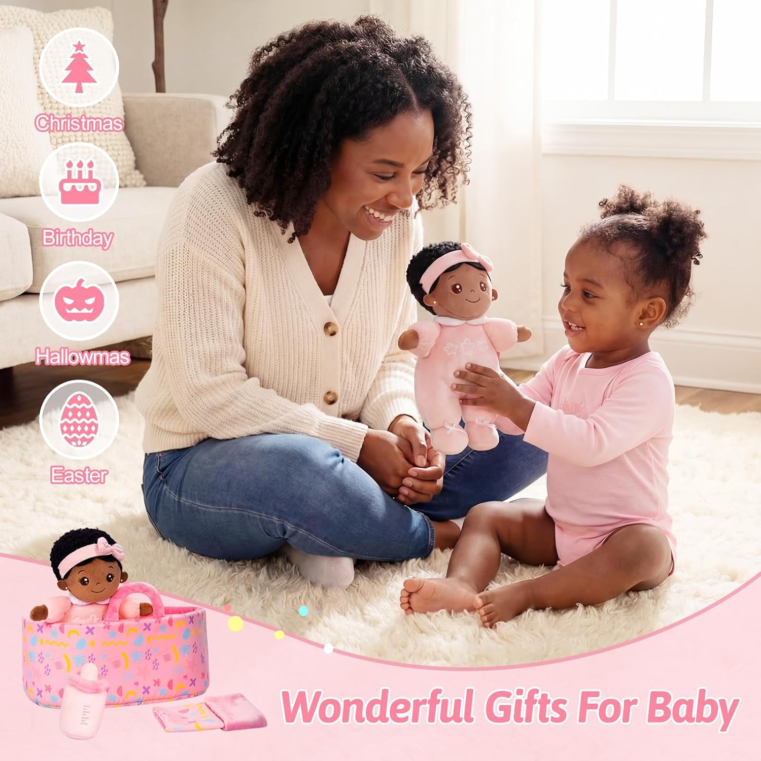 OUOZZZ Baby Doll Accessories with Black Doll, Bassinet, Blanket and Bottle | Interactive Pretend Playset for Social Emotional Learning, Educational Toy for 2 Year Old Girls