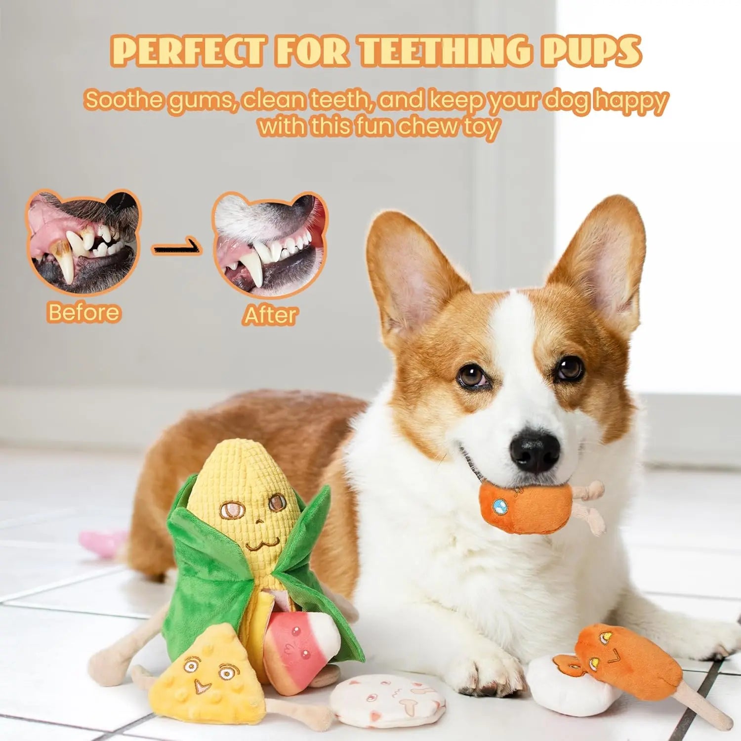 Nocciola 7-In-1 Mr.Cornelius Plush Dog Toy - Big Corn Man with 6 Squeaky & Crinkle Corn Snacks, Training & Enrichment Toys for Small & Medium Dogs