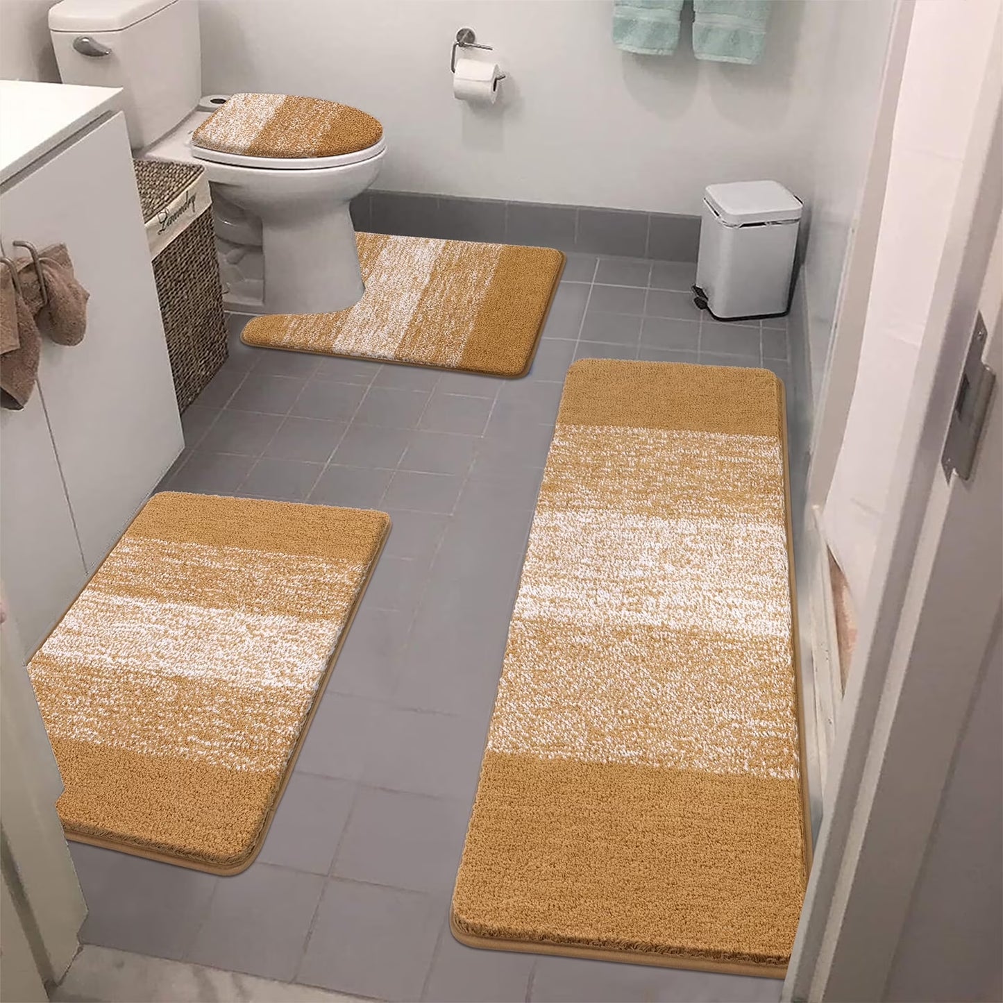 Ileading Traditional 4 Piece Microfiber Washable Bathroom Rug Set