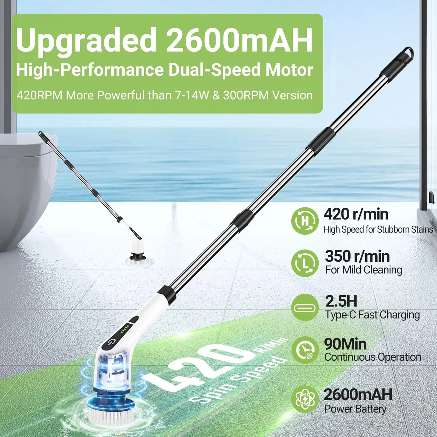 Electric Spin Scrubber, Cordless Cleaning Brush with 8 Replaceable Brush Heads, Power Shower Scrubber with Long Handle for Floor, Tile, Bathroom, Tub