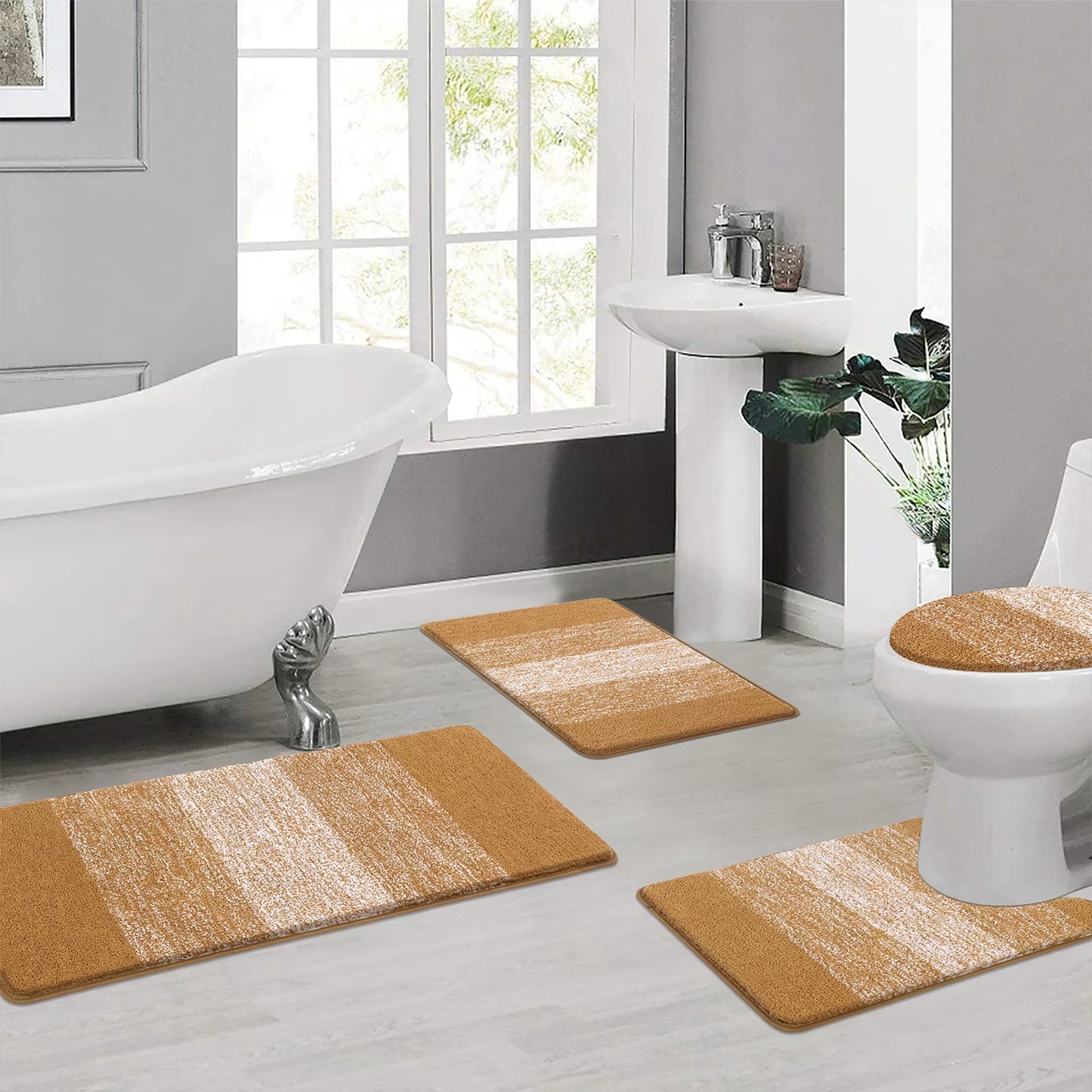Ileading Traditional 4 Piece Microfiber Washable Bathroom Rug Set