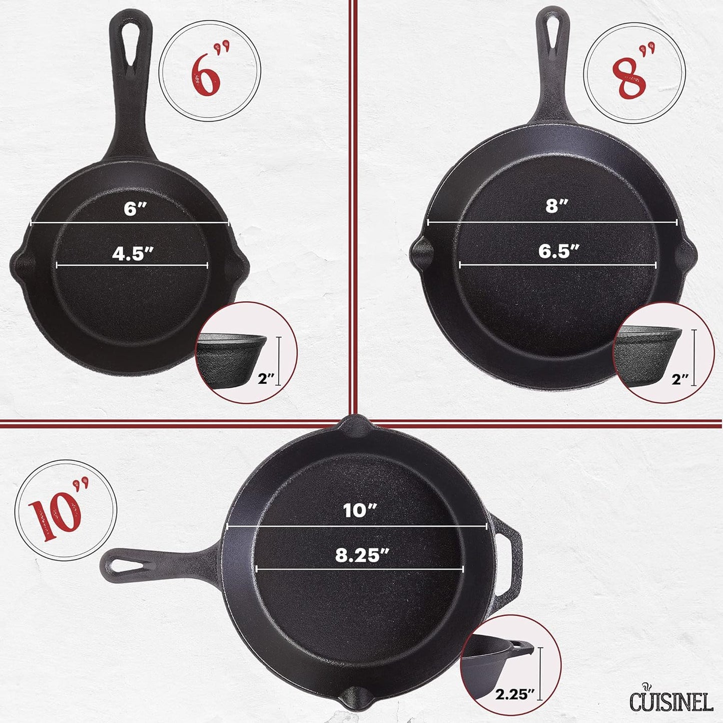 Cuisinel Cast Iron Skillet Set - 6"+8"+10"-Inch + Glass Lids + Silicone Handle Holder Covers - Pre-Seasoned Frying Pan - Oven Safe Cookware - Indoor/Outdoor, Grill, BBQ, Fire, Stovetop, Induction Safe