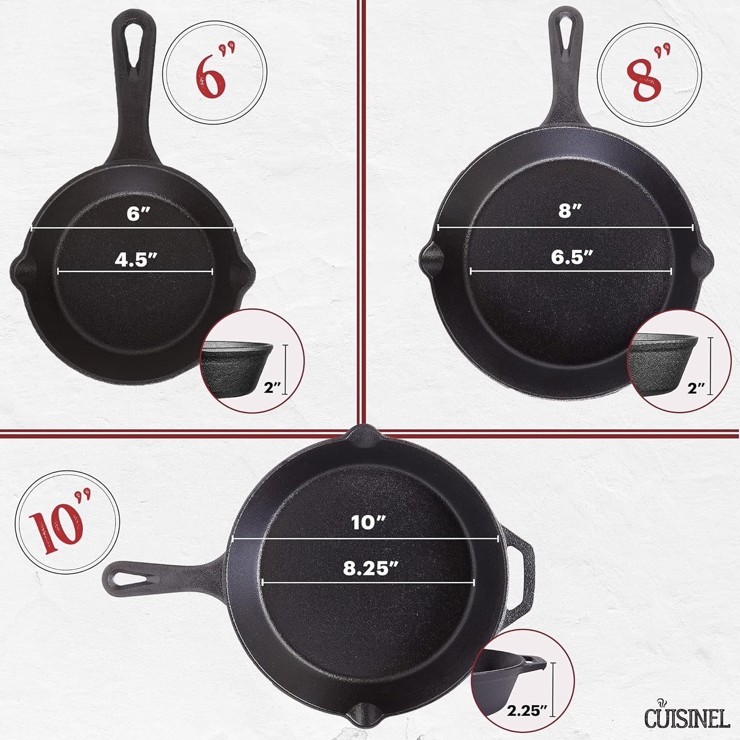 Cuisinel Cast Iron Skillet Set - 6"+8"+10"-Inch + Glass Lids + Silicone Handle Holder Covers - Pre-Seasoned Frying Pan - Oven Safe Cookware - Indoor/Outdoor, Grill, BBQ, Fire, Stovetop, Induction Safe