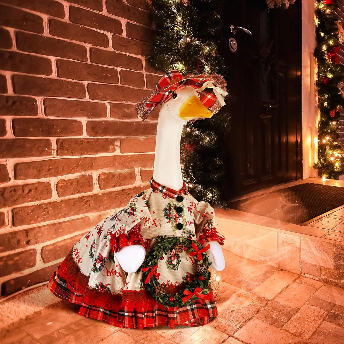 Suzile Christmas Wreath Porch Goose Outfit, 23 Inch Cement Plastic Geese