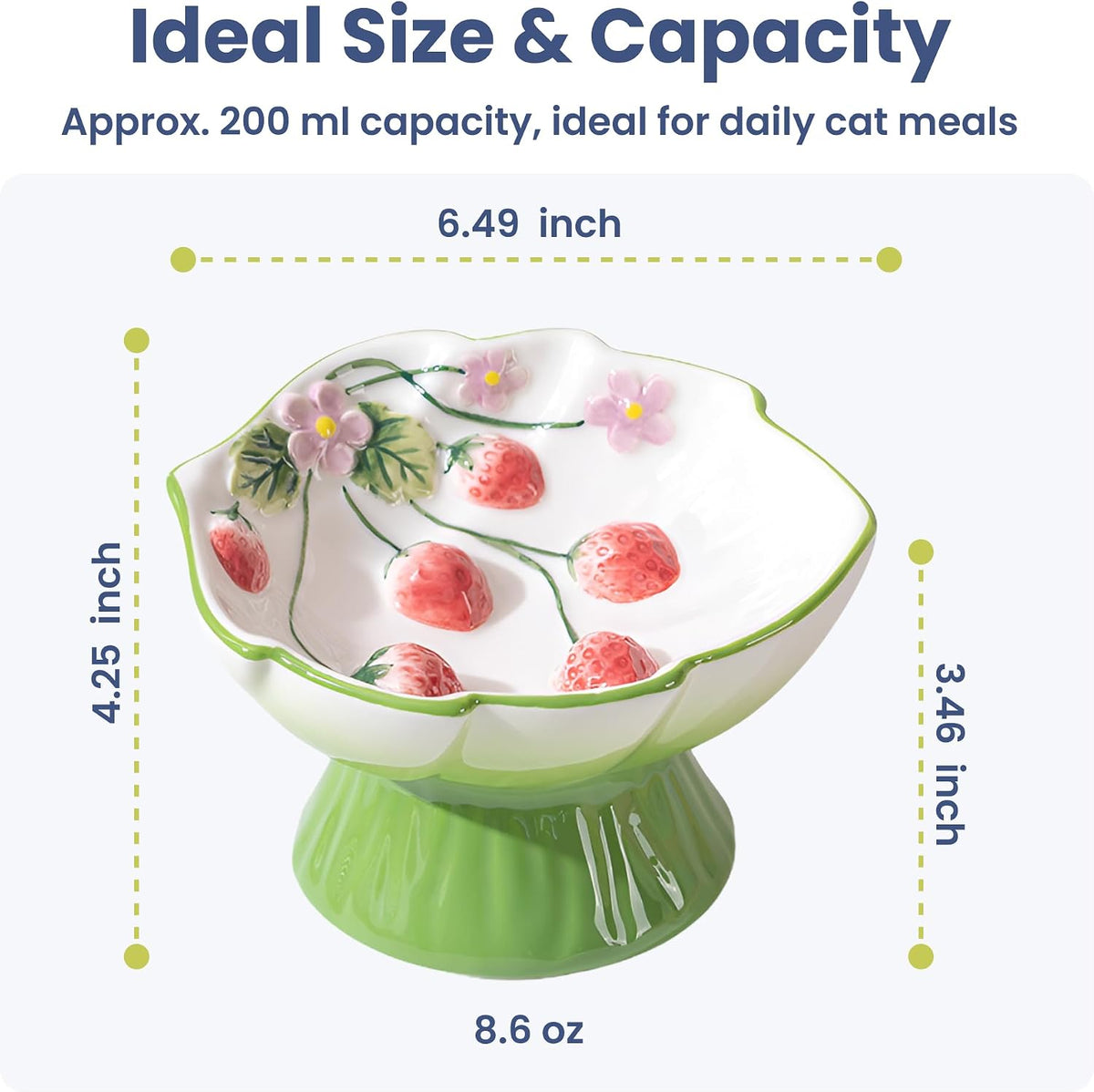 Pawspik Strawberry Blooms Elevated Ceramic Cat Bowl, Green