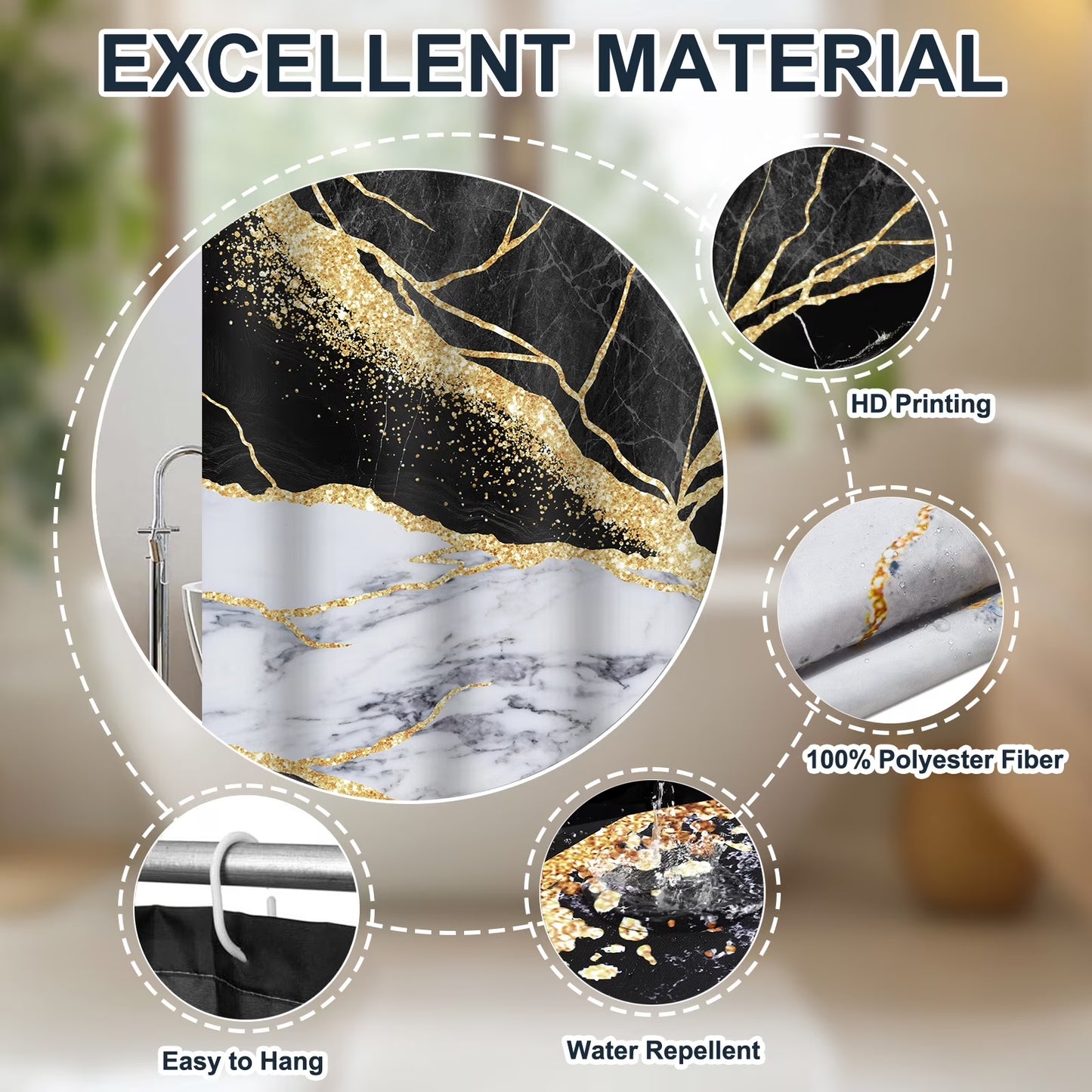 FRAMICS Black Gold Marble Shower Curtain Sets with Rugs, 16 Pc Modern Abstract Bathroom Sets, Waterproof Fabric Bathroom Curtain Decor with Hooks