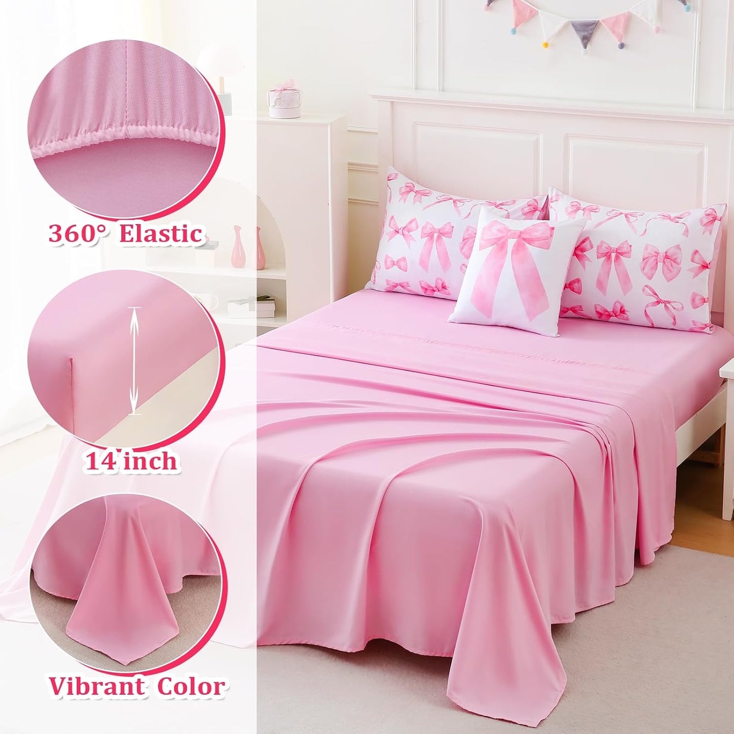 Twin Comforter Sets Pink Bed in a Bag for Girls, 6 Pieces Bow Twin Size Bedding Sets with Sheets for Kids