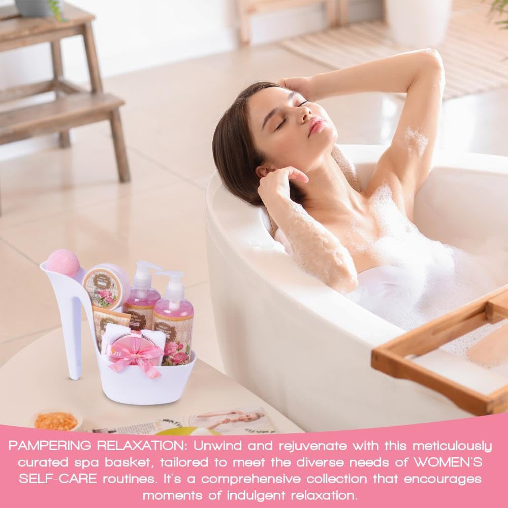 Draizee Heel Shoe Spa Gift Basket for Women, 8 Pc British Rose Scented | Spa Gift Set, Luxury Self Care Kit for Mom, Relaxing Bath and Body Set, Home Spa Gifts for Her