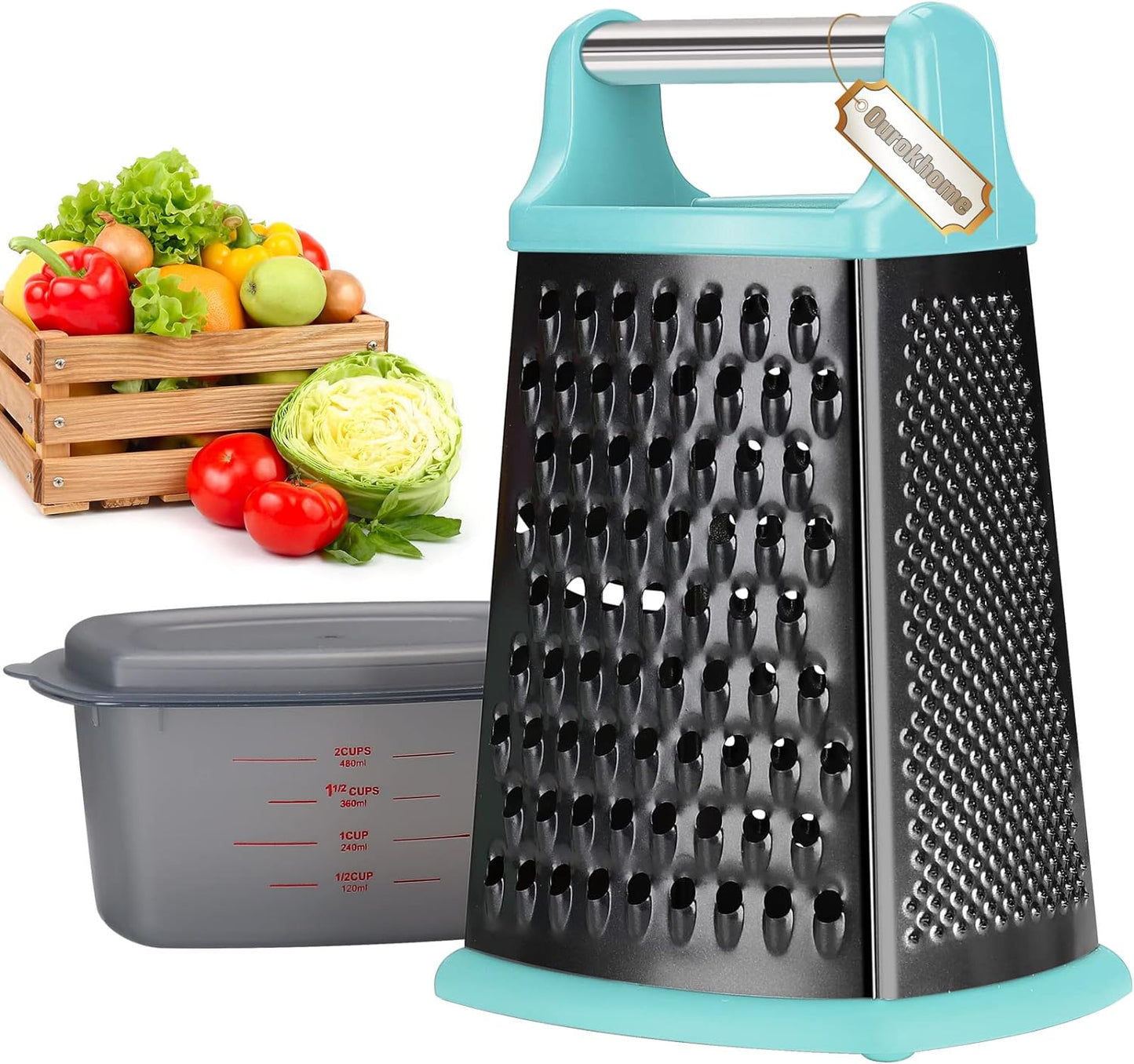 Ourokhome Cheese Grater with Handle, Stainless Steel Box Grater, 4 Side Kitchen Vegetable Shredder Slicer Zester with Container for Parmesan, Cabbage, Ginger, Lemon, Chocolate, Coconut (Teal Black)