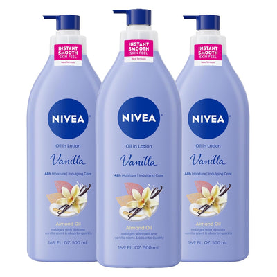 NIVEA Oil Infused Vanilla and Almond Oil Body Lotion for Women, Fast-Absorbing and Non-Greasy Vanilla Scented Lotion Moisturizes for 48 Hours, 16.9 Fl Oz Pump Bottle, Pack of 3
