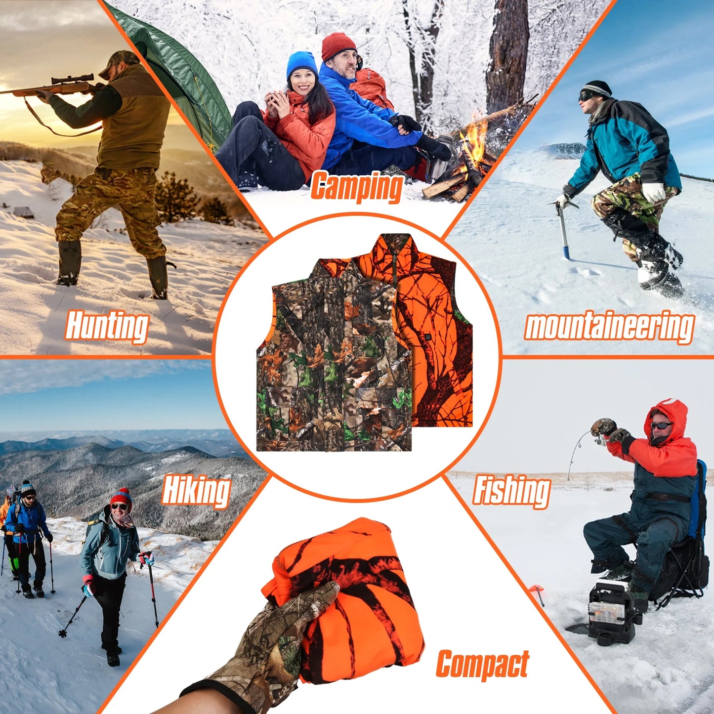 GUGULUZA Hunting Heated Vest, Camo Orange Reversible Vest, Game Vest Jacket for Hunting, Lightweight Heating Vest (4XL)