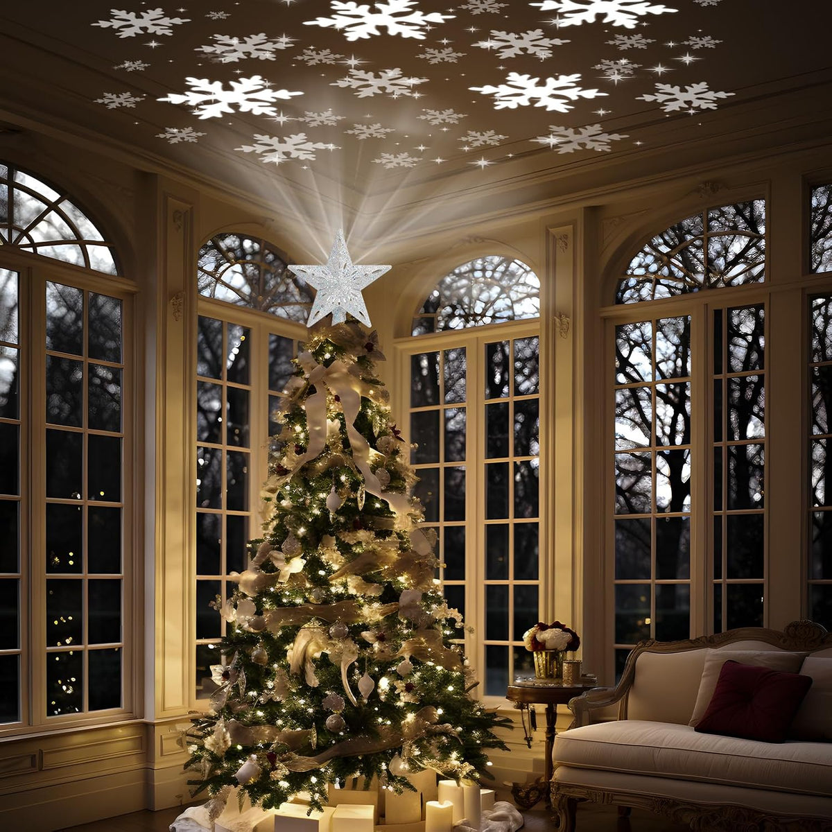 Christmas Tree Topper Lighted with 6 Patterns Projector, Christmas Tree Star Topper Built-In 3D Glitter LED Rotating Lights, Silver Tree Topper Christmas Decoration for Xmas Party Holiday
