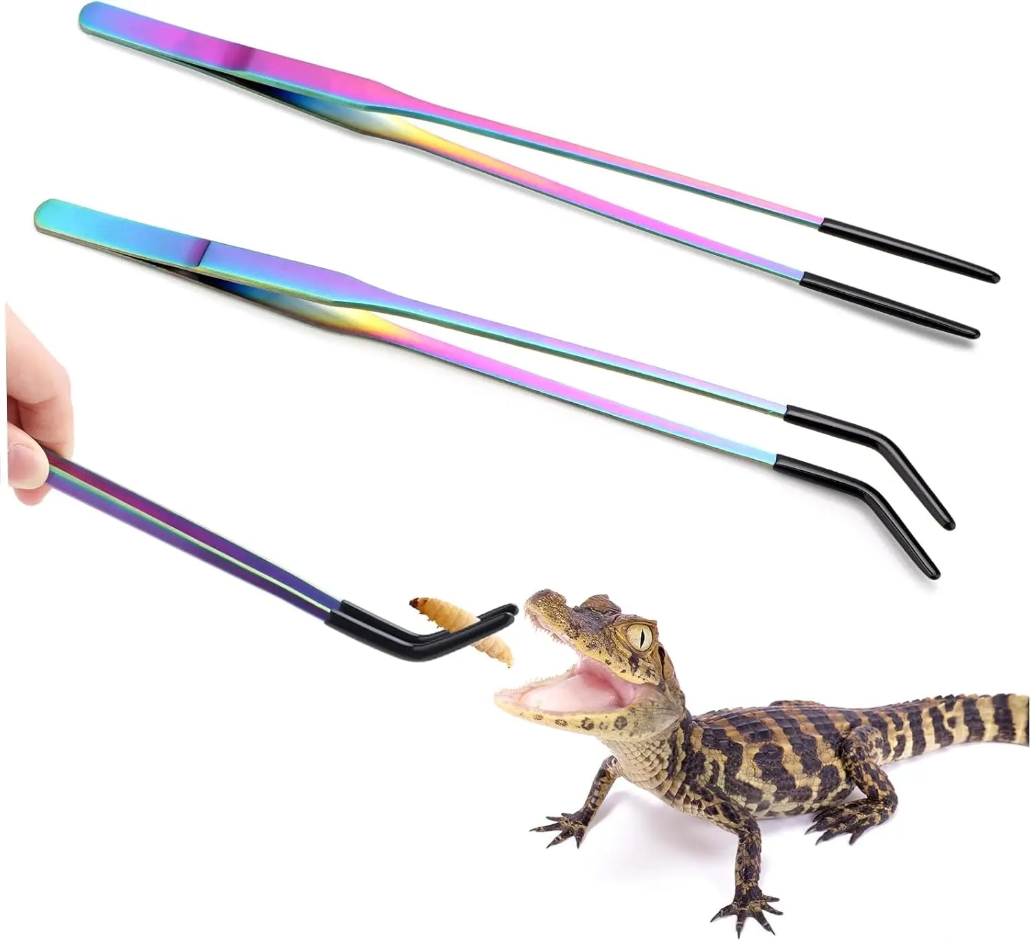 2 Count Stainless Steel Reptile Feeding Tongs with Rubber Tip, 10.6" Straight & Curved Long Tweezers, for Aquariums & Crafts - Ideal Bearded Dragon & Snake Tank Accessories, Terrarium Supplies