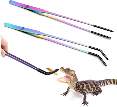 2 Count Stainless Steel Reptile Feeding Tongs with Rubber Tip, 10.6" Straight & Curved Long Tweezers, for Aquariums & Crafts - Ideal Bearded Dragon & Snake Tank Accessories, Terrarium Supplies