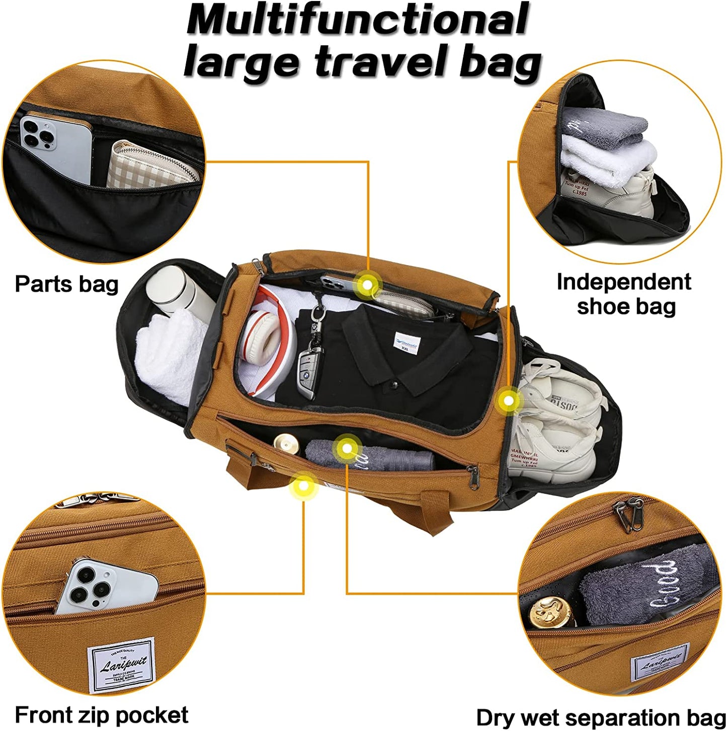 Laripwit Travel Duffle Bag for Men 40L Medium Sports Gym Bag with Wet Pocket & Shoes Compartment Weekender Overnight Backpack for Traveling Duffel Bag Backpack for Women, Khaki