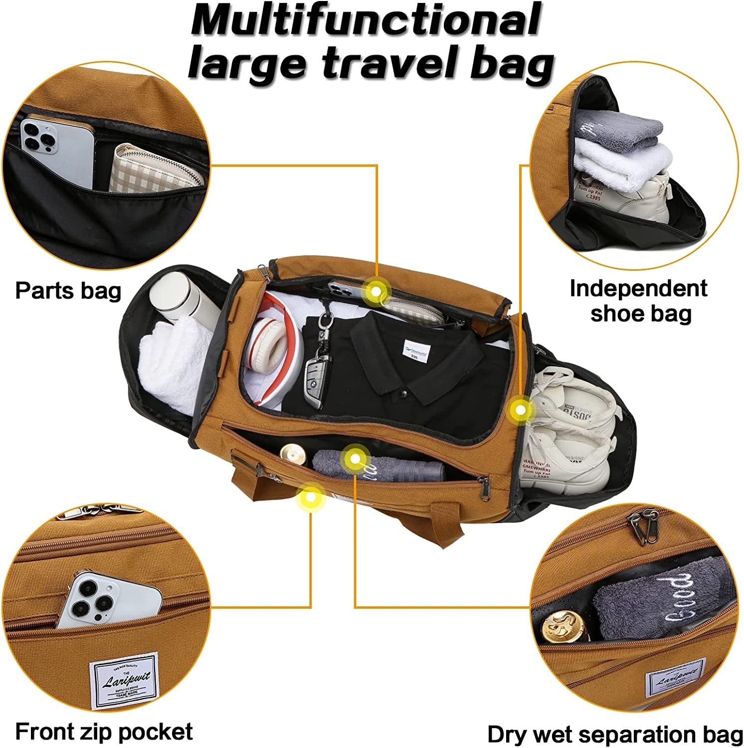 Laripwit Travel Duffle Bag for Men 40L Medium Sports Gym Bag with Wet Pocket & Shoes Compartment Weekender Overnight Backpack for Traveling Duffel Bag Backpack for Women, Khaki