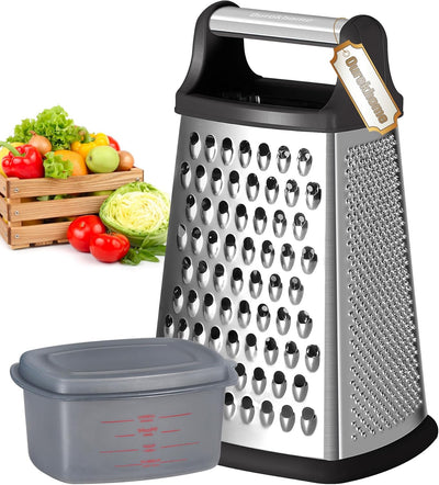 Ourokhome Cheese Grater with Handle, Stainless Steel Box Grater, 4 Side Kitchen Vegetable Shredder Slicer Zester with Container for Parmesan, Cabbage, Ginger, Lemon, Chocolate, Coconut (Black)
