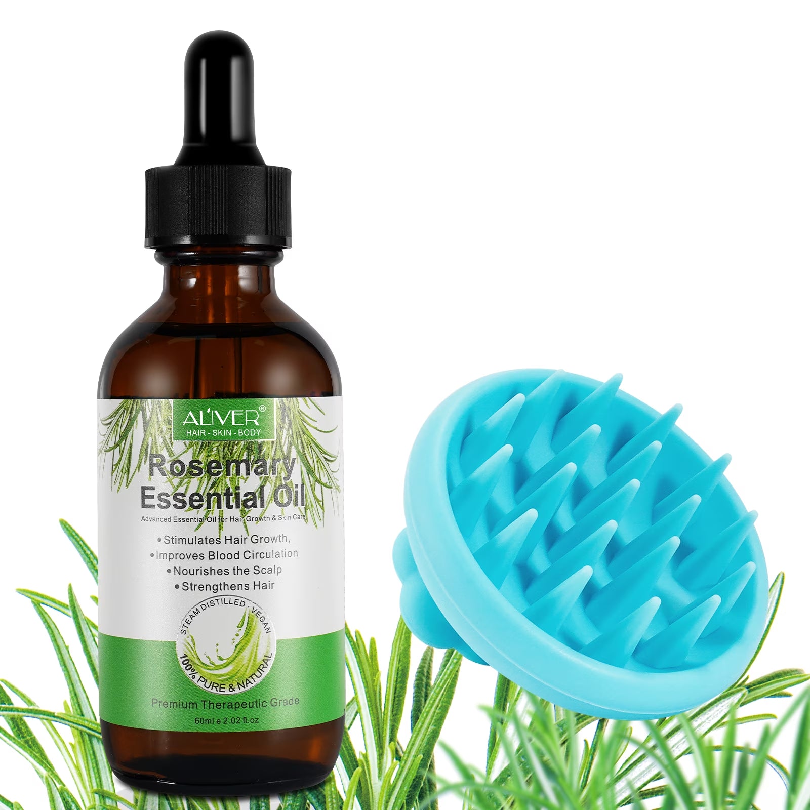 Aliver Rosemary Essential Oil for Hair and Skin Care, Massage Oil with a Silicone Massage Comb, Improve Scalp Blood Circulation,Promote Nutrient Absorption