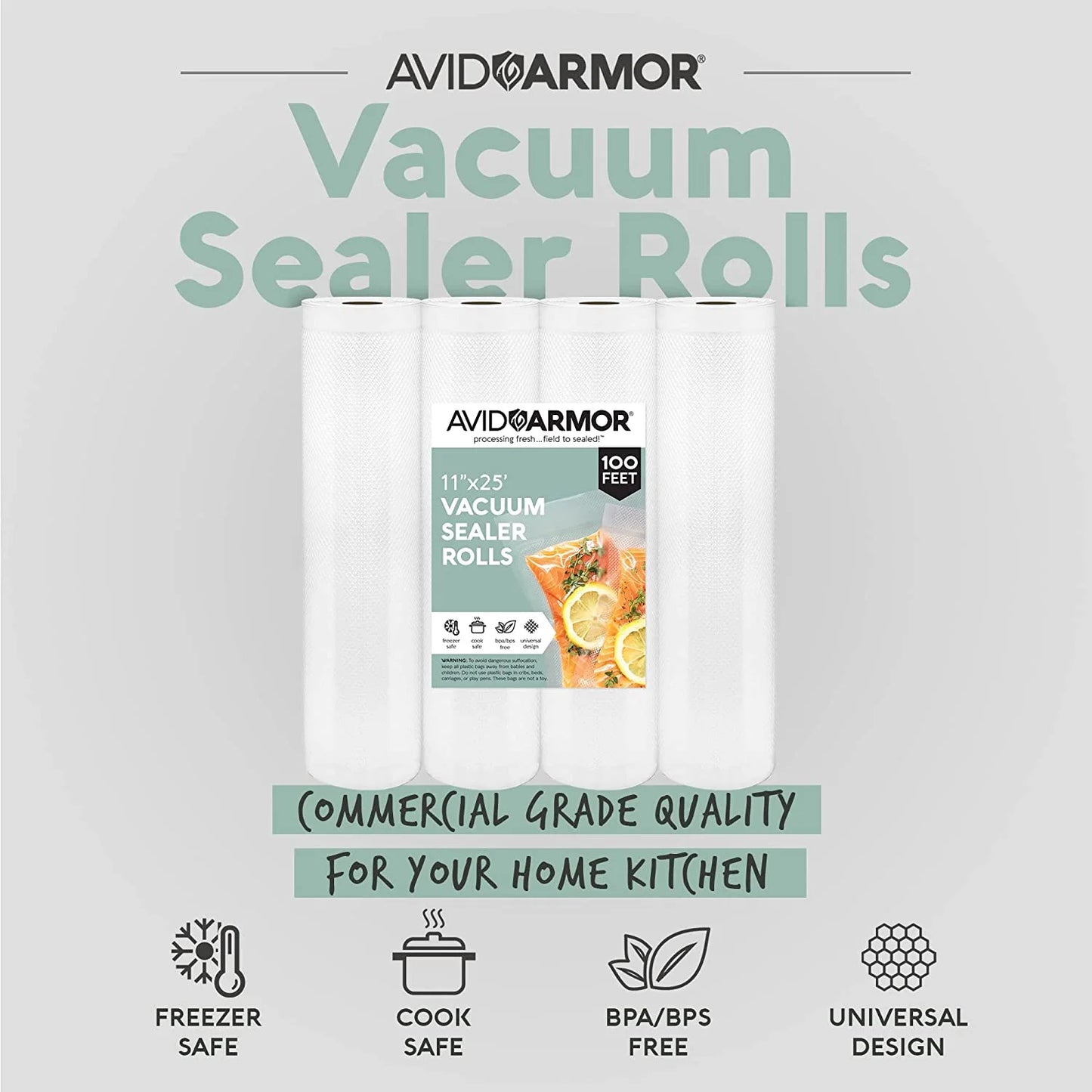 Avid Armor 11"X25' Vacuum Sealer Rolls, 4 Rolls, Bpa-Free Food Saver Bags for Food Storage