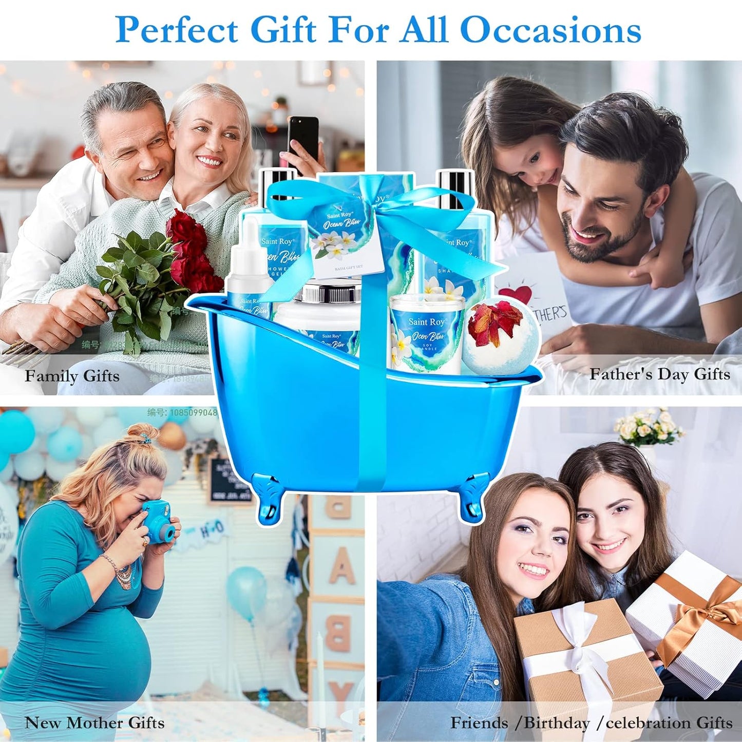 Mothers Day Gifts for Women Bath & Body Gift Set, Bath Basket Spa Kit Gifts for Her Him Birthday Gift for Woman, Self-Care Home Spa Kit, 8Pcs Christmas Gift for Women Ocean Vanilla, Spa Gift Baskets