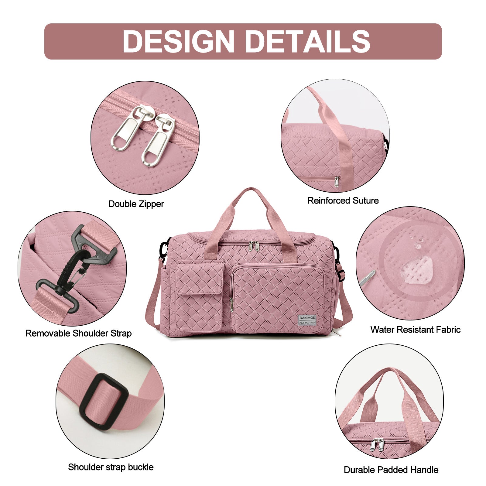DAKIMOE Travel Duffle Bag for Women Men, Weekender Bags Carry on Gym Bag with Wet Pocket/Adjustable Strap/Shoe Compartment, Foldable Waterproof Overnight Tote Bag for Plane Sports Dance, Pink