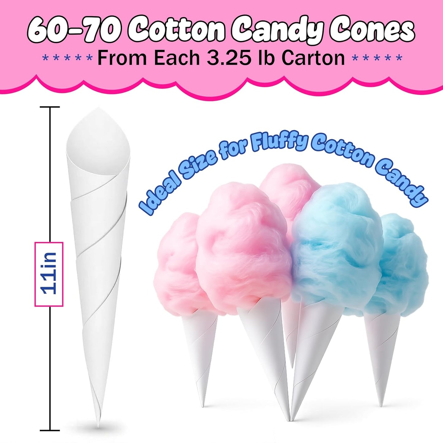Perfectware 2 Pack Cotton Candy Floss Sugar with 100 Count Paper Cotton Candy Cones. Pink Vanilla and Blue Raspberry. (Two 3.25 Lb Containers W/100 Cotton Candy Cones)