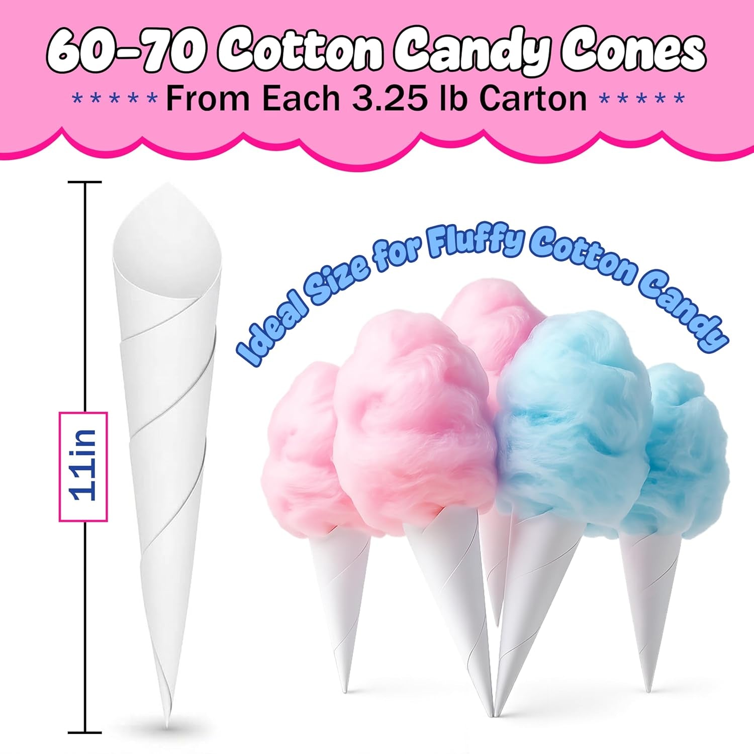 Perfectware 2 Pack Cotton Candy Floss Sugar with 100 Count Paper Cotton Candy Cones. Pink Vanilla and Blue Raspberry. (Two 3.25 Lb Containers W/100 Cotton Candy Cones)