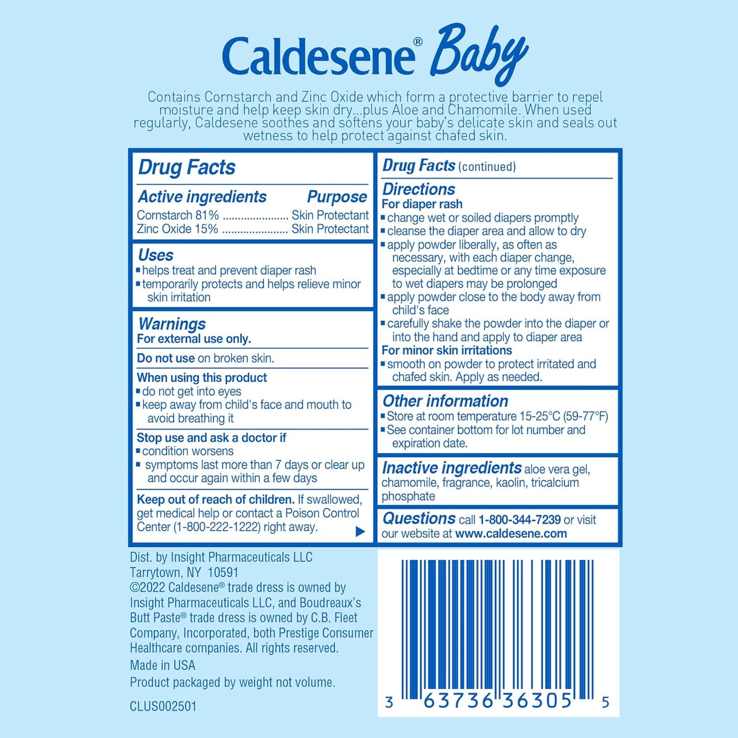 Caldesene Dry & Comfy Baby Powder with Zinc Oxide & Cornstarch, Free from Talc & Preservatives, 5 Oz. (Pack of 2)