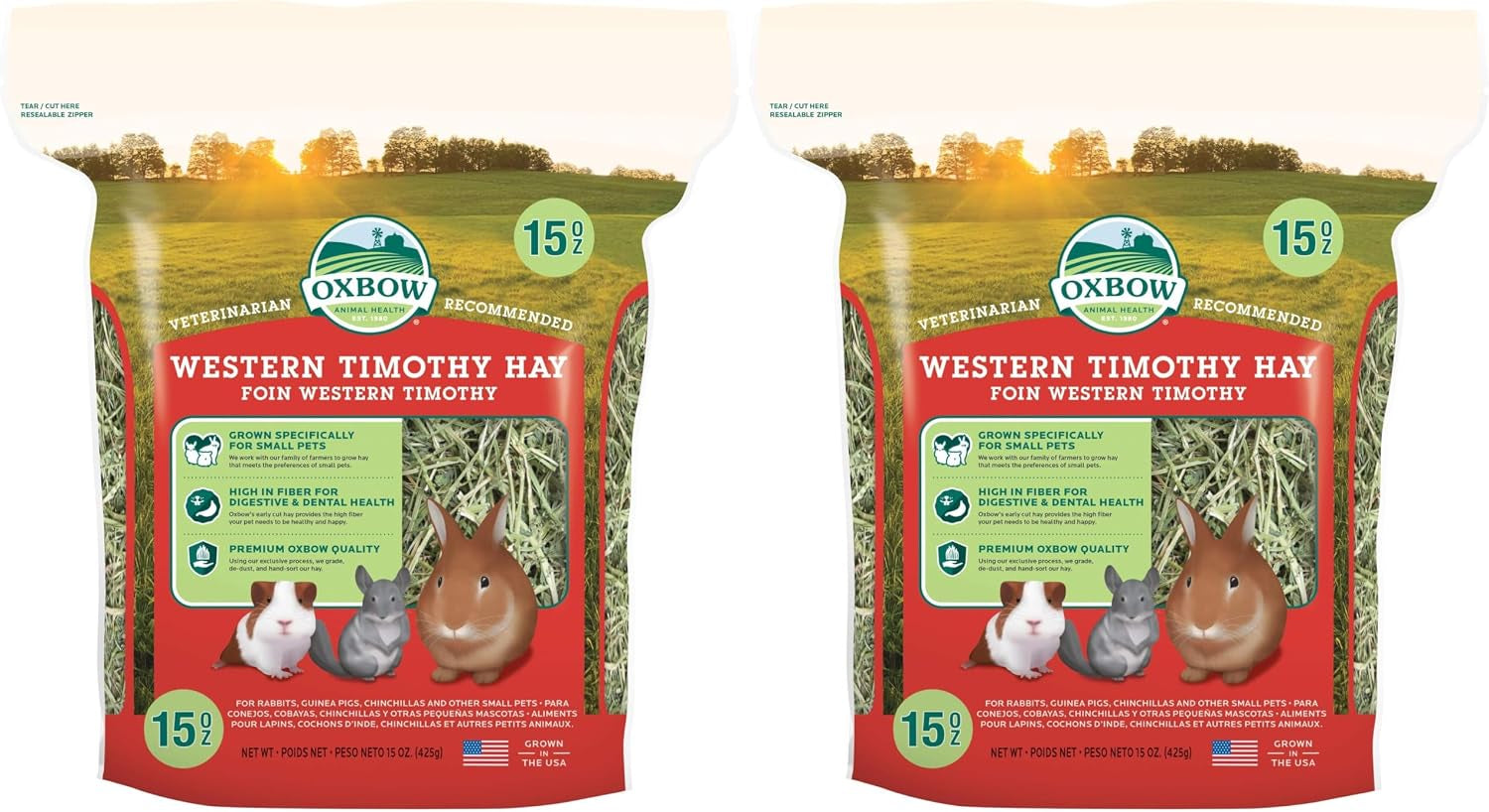 Oxbow Timothy Hay, Rabbit & Guinea Pig Hay, High Fiber for Digestive Health, Grown in the USA, Veterinarian Recommended Small Pet Supplies, for Rabbits, Guinea Pigs, & Chinchillas, 15 Oz. (Pack of 2)