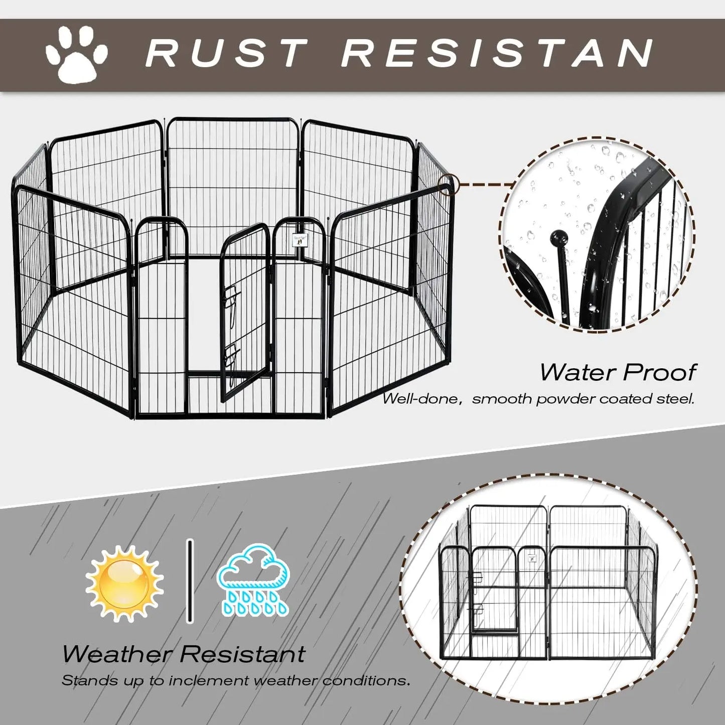 Dog Fence, 4/6/8/12/16 Panels 24"\32"\40"H Foldable Dog Playpen, Exercise Heavy Duty Metal Dog Cage for Yard, Lockable Double Door Pet Fence Indoor Outdoor Dog Pen for Large Medium Small Animals Pet