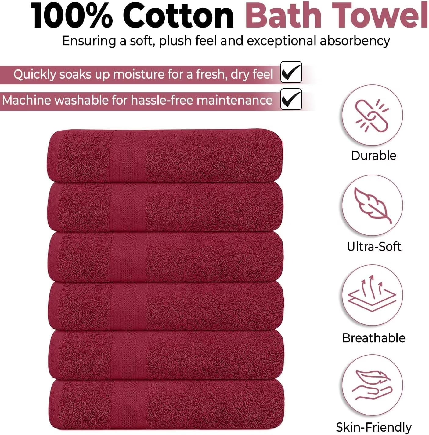 Pack of 6 Bath Towels 27 X 54 Inches, 100% Cotton, Larger & Lighter Weight, Quicker to Dry, Super Soft and Absorbent, Perfect for Bathroom (Burgundy, Pack of 6 (27''X54''))