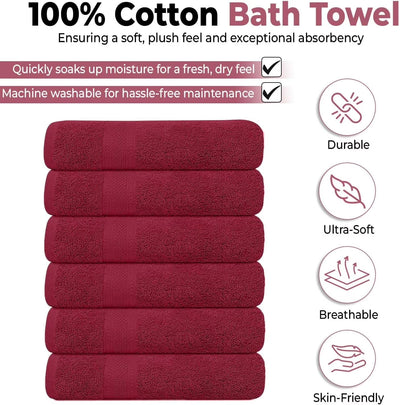 Pack of 6 Bath Towels 27 X 54 Inches, 100% Cotton, Larger & Lighter Weight, Quicker to Dry, Super Soft and Absorbent, Perfect for Bathroom (Burgundy, Pack of 6 (27''X54''))