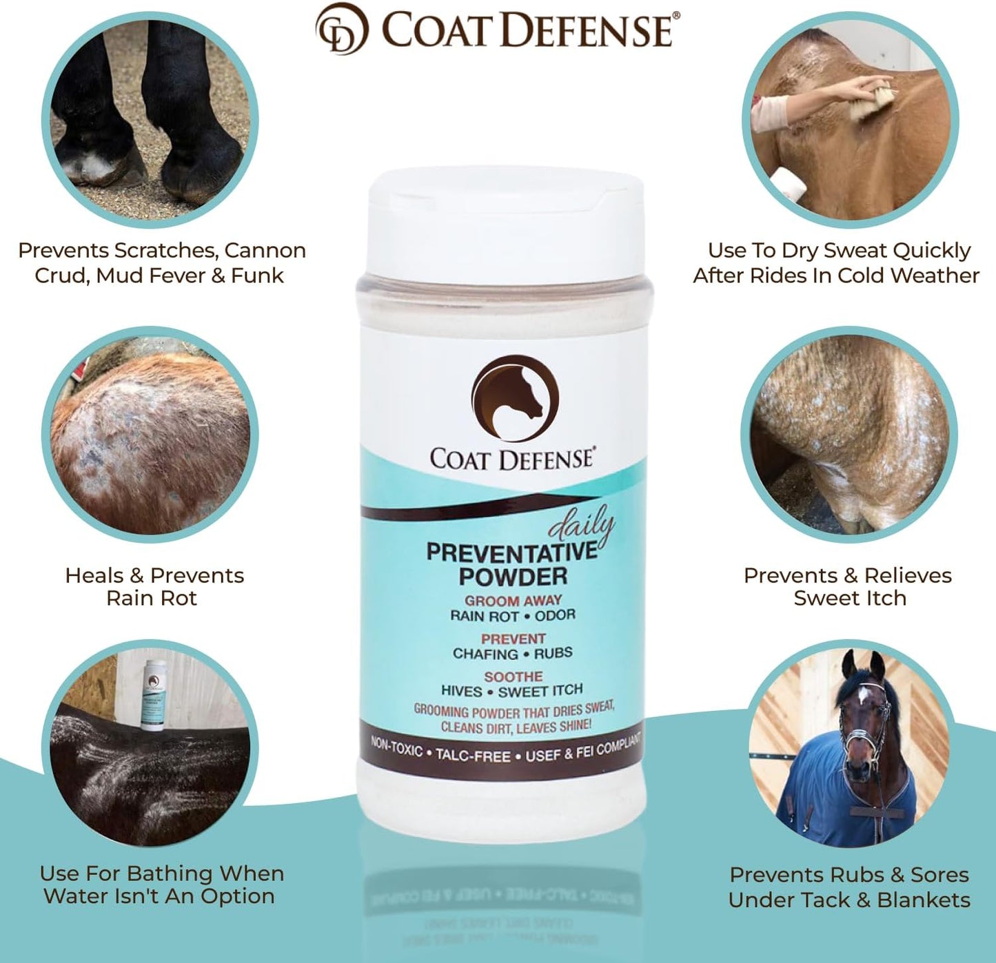 COAT DEFENSE Daily Grooming Powder for Horses | Dry Shampoo with Natural Ingredients | 64 Oz Formula for Fresh, Healthy-Looking Coat