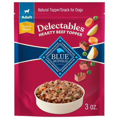 (6 Pack) Blue Buffalo Delectables Natural Wet Dog Food Toppers, Hearty Beef, 3-Oz Pouch