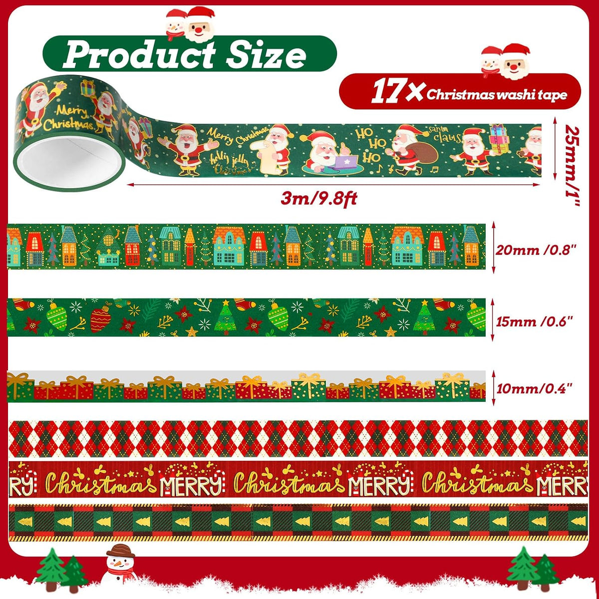 SANNIX 17 Rolls Christmas Washi Tape Holiday Decorative Washi Tapes 4 Sizes