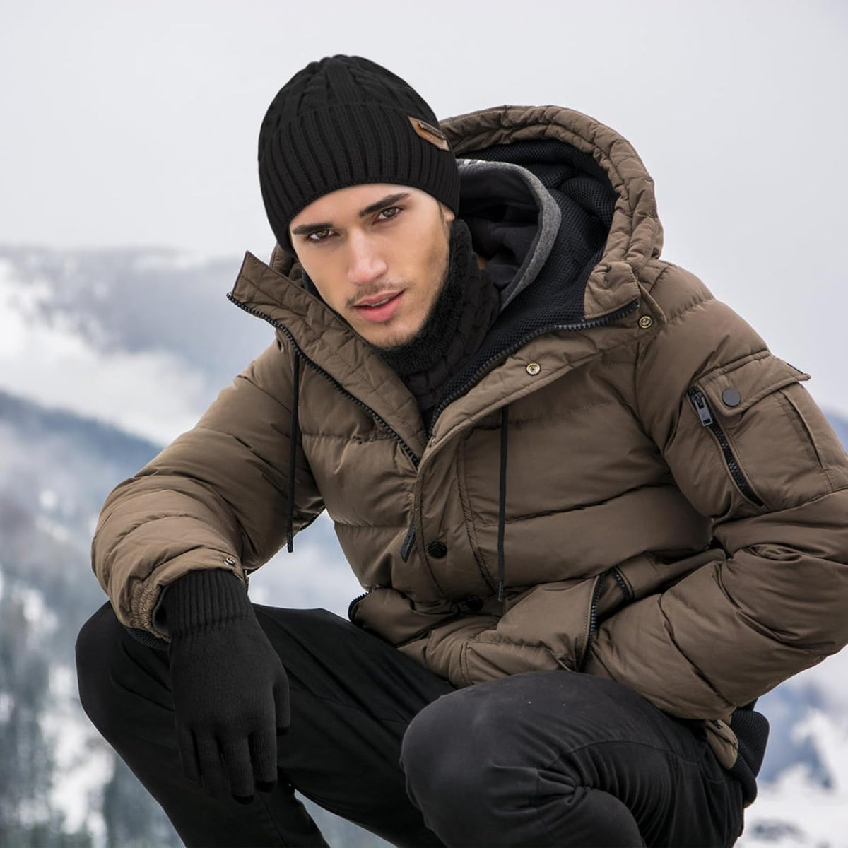 Loritta Winter Hats for Men, 3 PCS Fleece Beanie Scarf Gloves Set