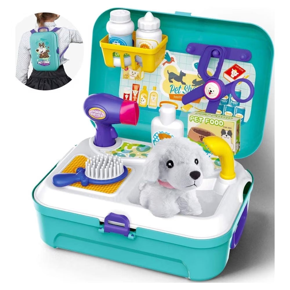 GLUAAE Toys for Kids Dog Grooming Doctor Kit Toys, Pet Care Play Set Pretend Puppy Dog Carrier, Pet Grooming Toy with Sturdy Gift Case for Toddler Boys and Girls