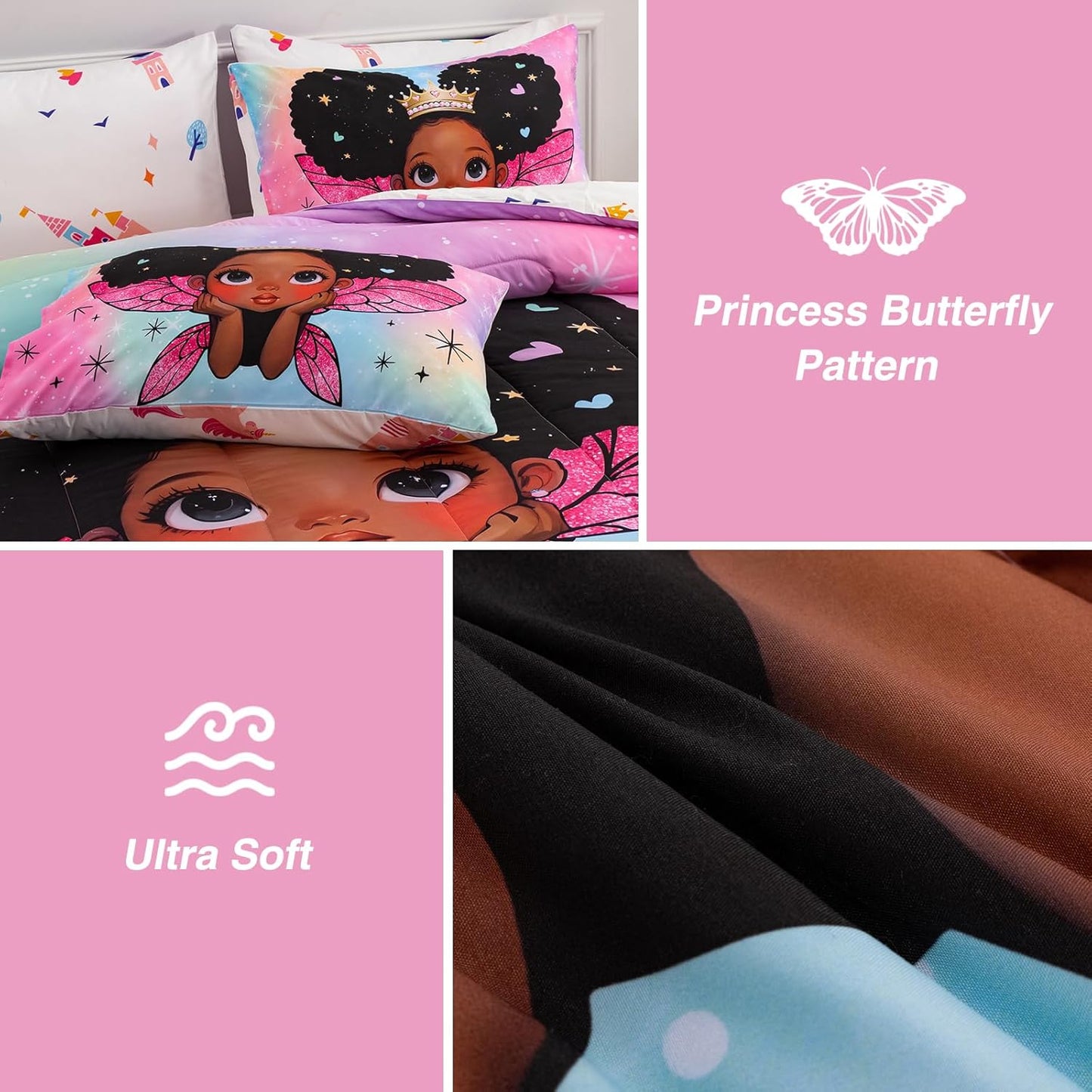 A Nice Night Black Girl Princess with Wings Comforter Set,Pink Gradient Glitter Rainbow Galaxy 6Pcs Kids Twin Size Bedding Set,Room Decor for Girls