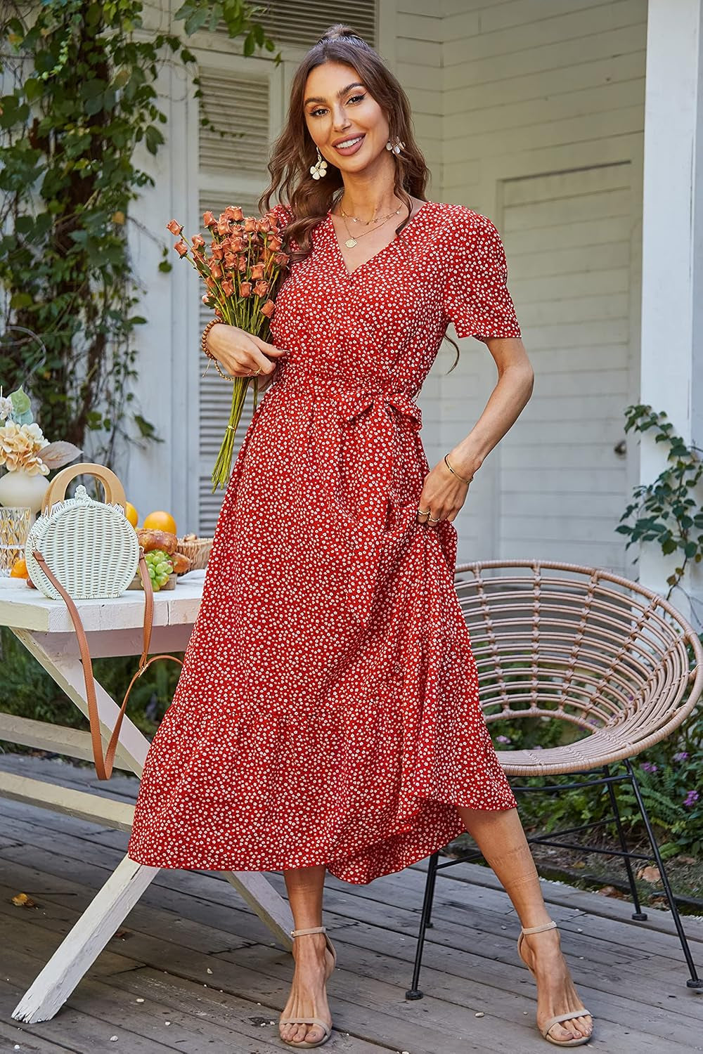 PRETTYGARDEN Women'S Summer Floral Boho Maxi Dress Short Sleeve Wrap V Neck Ruffle Long Flowy Beach Wedding Guest Dresses