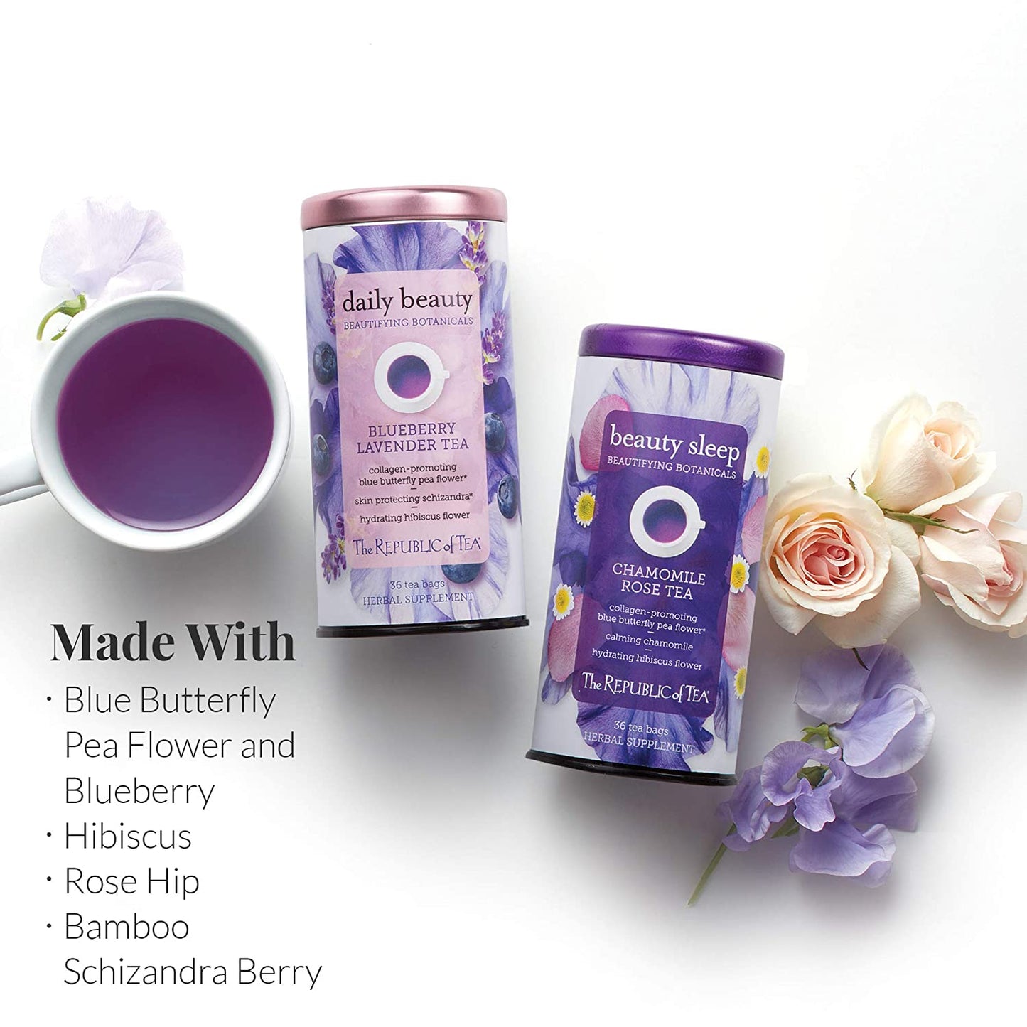 The Republic of Tea - Beautifying Botanicals® Daily Beauty Blueberry Lavender Herbal Tea Bags(36 Count)