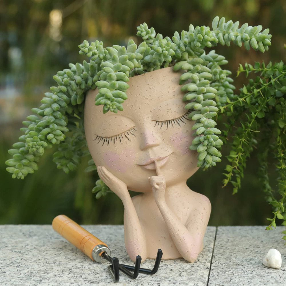 Face Head Planter Succulent Plant Flower Pot Resin Container with Drain Holes Flowerpot Figure Garden Decor Tabletop Ornament