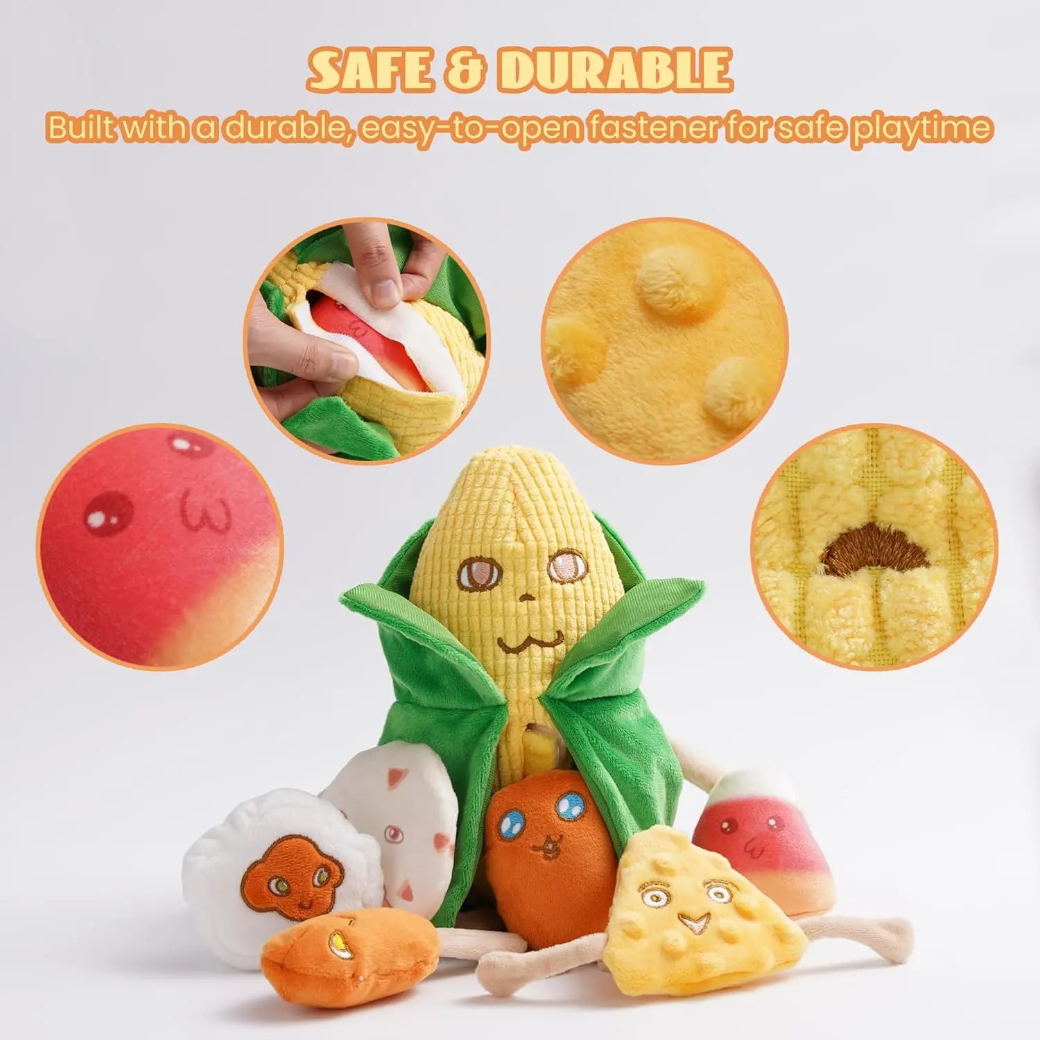 Nocciola 7-In-1 Mr.Cornelius Plush Dog Toy - Big Corn Man with 6 Squeaky & Crinkle Corn Snacks, Training & Enrichment Toys for Small & Medium Dogs