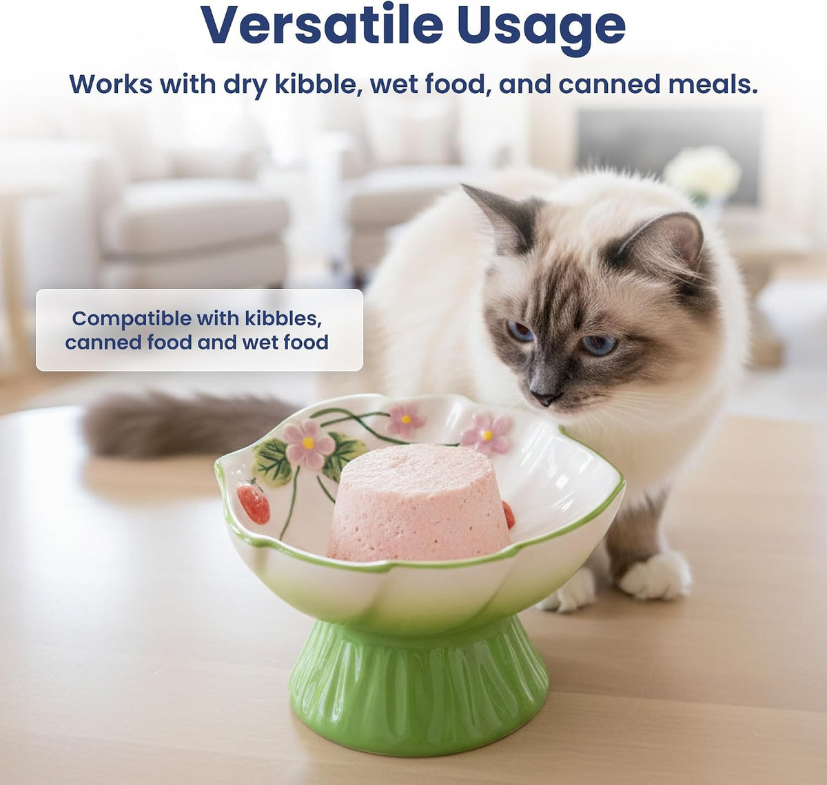 Pawspik Strawberry Blooms Elevated Ceramic Cat Bowl, Green