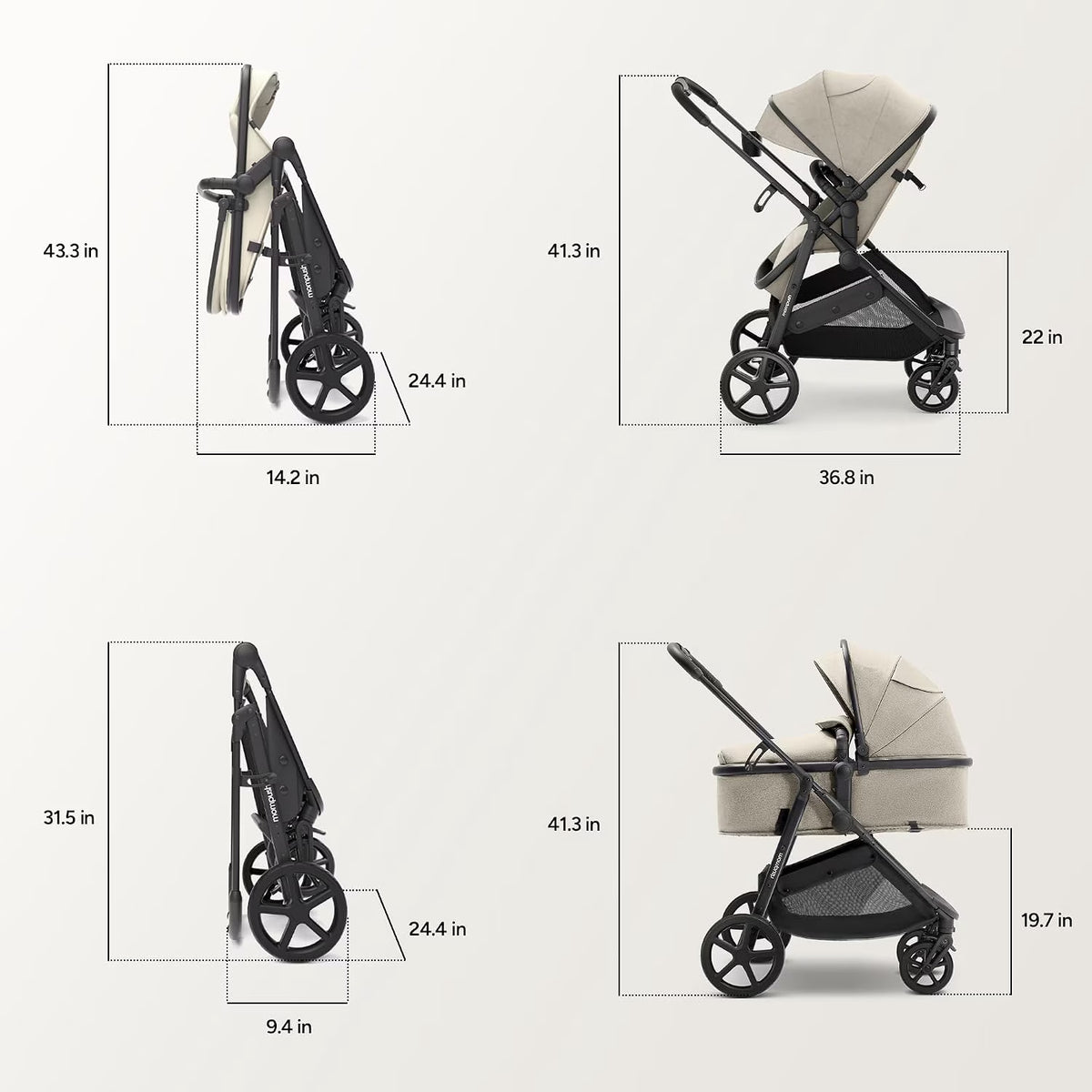 Mompush Wiz 2-In-1 Baby Stroller with Bassinet Mode, Reversible Seat and Large Canopy, Khaki, 22.3LB, Unisex