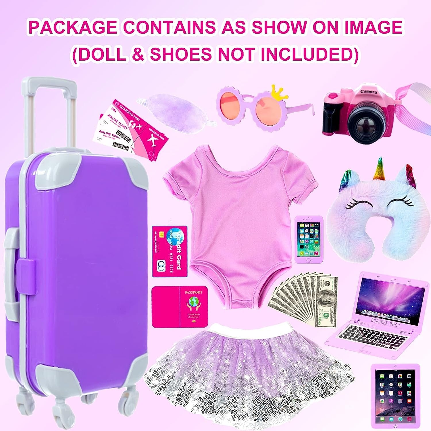 ZNTWEI American 18 Inch Doll Travel Suitcase Play Set with 18 Inch Doll Clothes and Accessories Including Sunglasses Camera Computer Phone Ipad Travel Pillow Ect