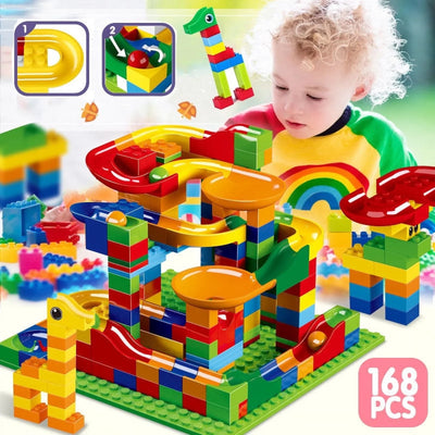 MAINYU Run Building Blocks for Kids Ages 4-8, 168 PCS Classic Big Size Blocks Set, Crazy Run Building Blocks with 4 Balls Race Track, Educational Toys Bricks Set Christmas Birthday Toy for Boys Girls